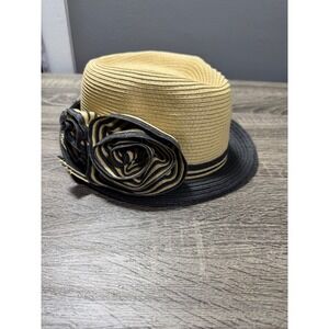 AUGUSTO Straw Fedora Hat Black Band Flower Accent Sun Hat
